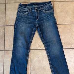 Men's Buckle Black Bootcut Denim Blue Jeans 33 X 28 Hole Near Pocket Classic